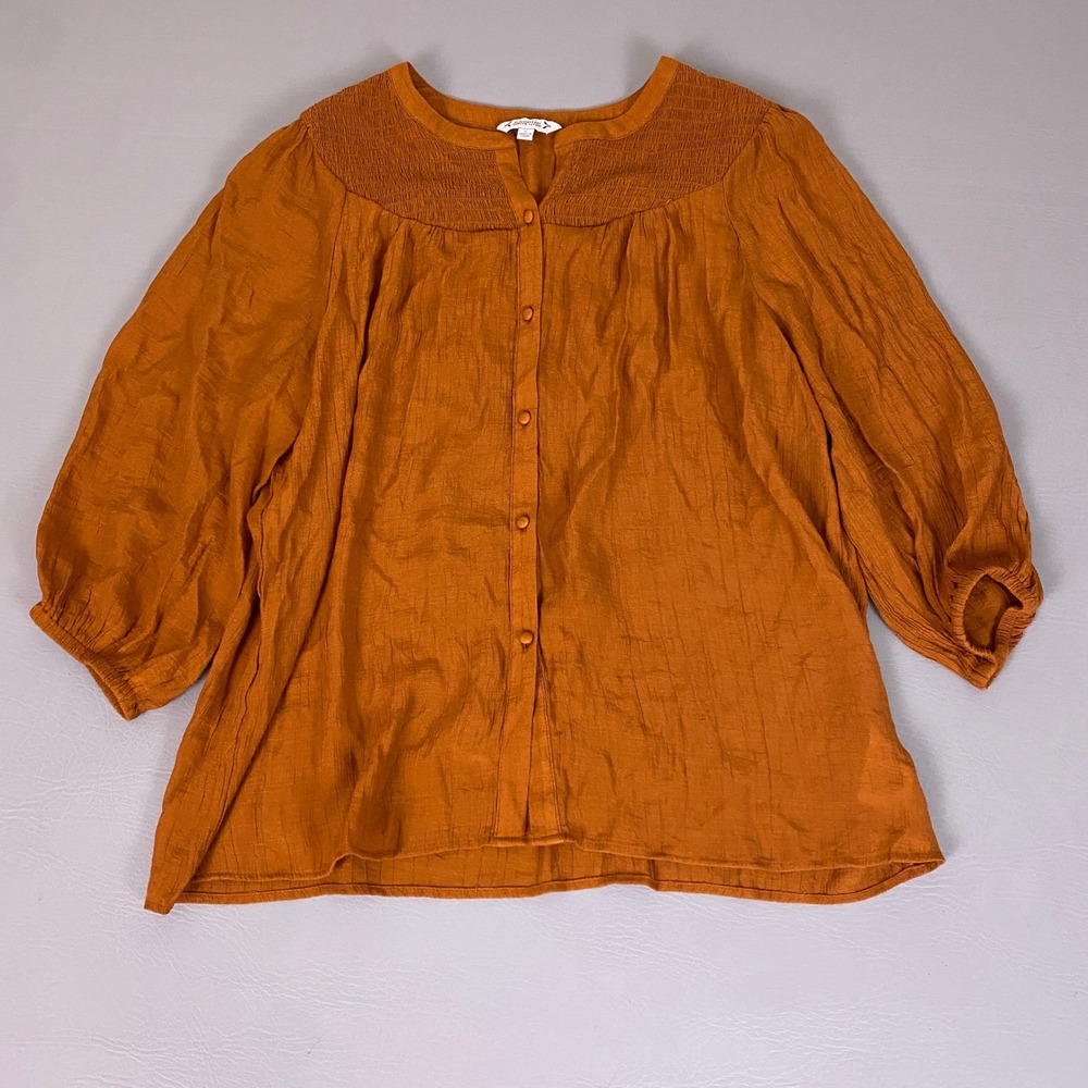 Nanette Lepore Blouse Women's Large Rust Orange Smocked Boho Peasant 3/4 Sleeve